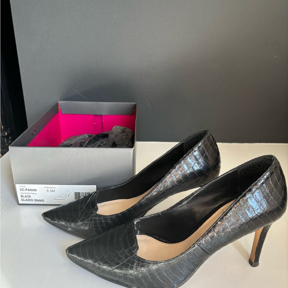 Vince Camuto Black Glazed Snake Pointed Toe Pumps